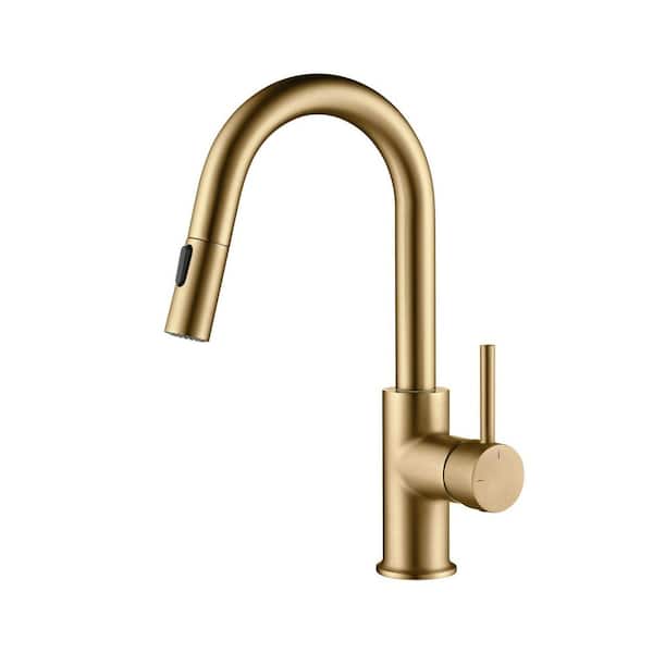 Brushed Brass 13.44 in. H Pull Down Sprayer Kitchen Faucet With 360 ° Spout Swivel