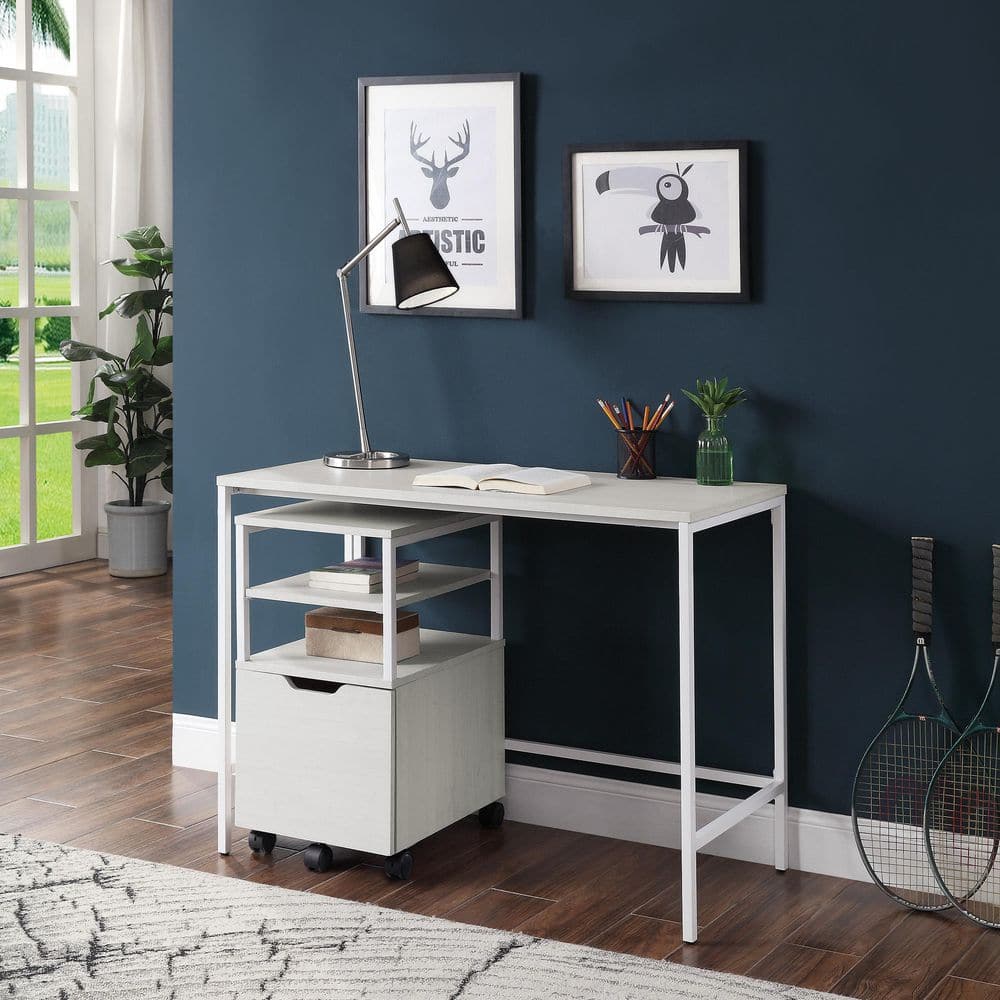 Contempo White Oak 41.7" Home Office Desk with Steel Legs and Drawer