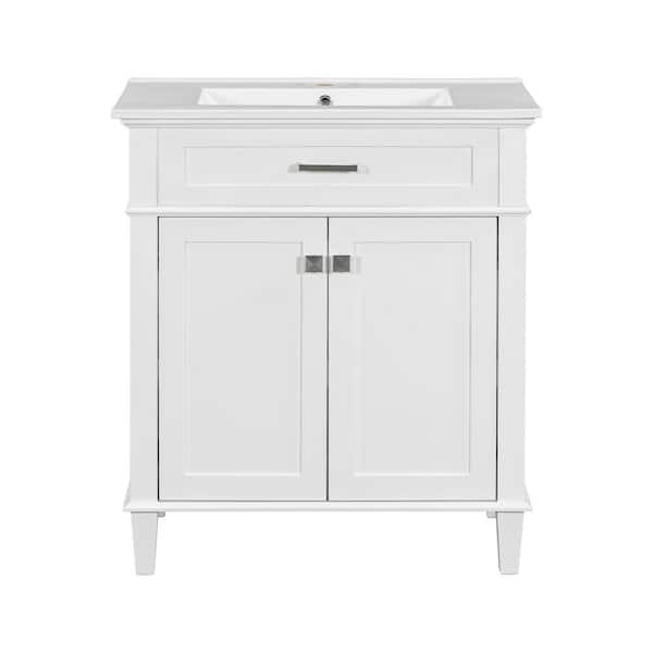 30 in. W x 18 in. D x 40 in. H Freestanding Bath Vanity in White with White Ceramic Top