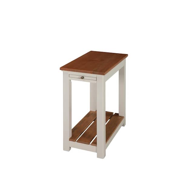 Alaterre Furniture Savannah Ivory Chairside End Table with Pull-Out Shelf with Natural Wood Top