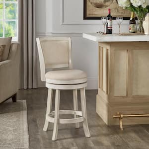 24.37 in. Antique White Finish Wood Frame Beige Upholstered Back Swivel Counter Height Stool