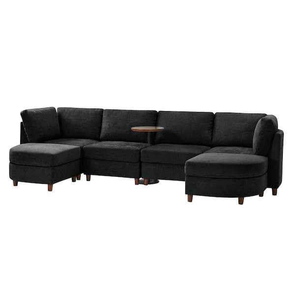 Gianna 125 in. Straight Arm Polyester Symmetrical Modular Sofa with Integrated Table in. Black