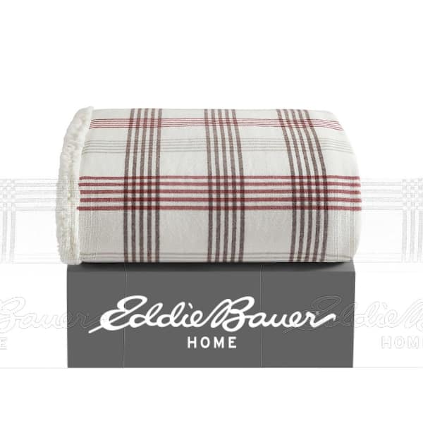 Eddie Bauer Union Bay Plaid 1-Piece Red Sherpa Cotton 50 in. x 60 in. Throw Blanket