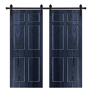 Modern SIX PANEL Designed 64 in. x 80 in. Wood Panel Royal Navy Painted Double Sliding Barn Door with Hardware Kit