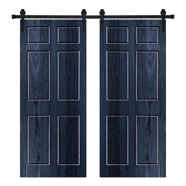 AIOPOP HOME Modern SIX PANEL Designed 72 in. x 80 in. Wood Panel Royal Navy Painted Double Sliding Barn Door with Hardware Kit