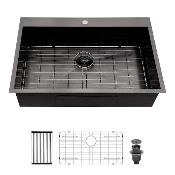 30 in. Drop-In Single Bowl 16 Gauge Gunmetal Black Stainless Steel Kitchen Sink with Bottom Grids