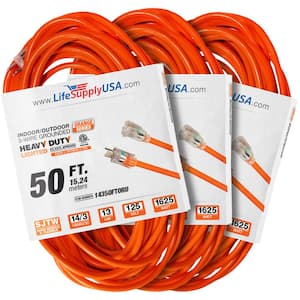 50 ft. 14-Gauge/3-Conductors SJTW 15 Amp Indoor/Outdoor Extension Cord with Lighted End Orange (3-Pack)