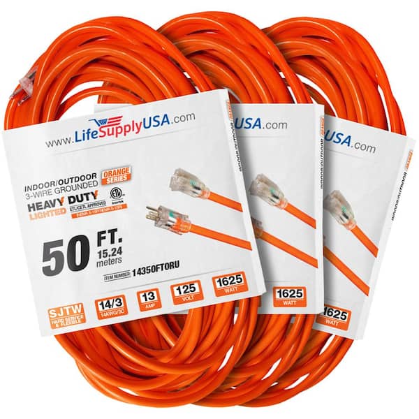 LifeSupplyUSA 50 ft. 14-Gauge/3-Conductors SJTW 15 Amp Indoor/Outdoor Extension Cord with Lighted End Orange (3-Pack)
