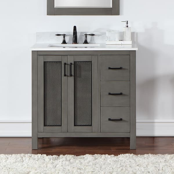 Altair Hadiya 36 in. W x 22 in. D x 34 in. H Bath Vanity in Gray Pine with Carrara White Composite Stone Top