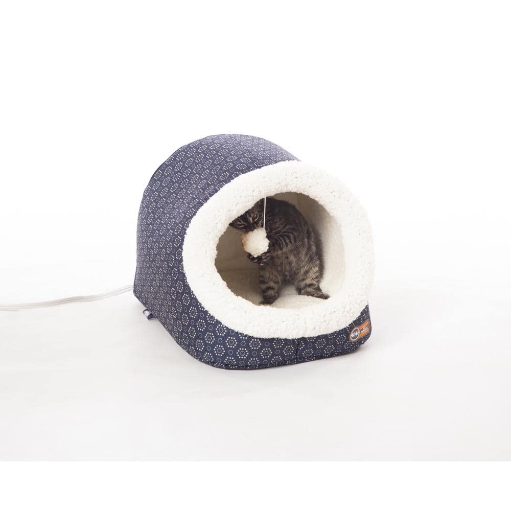 Navy Geo Flower Heated Cat Cave with Fleece Interior