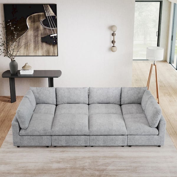 Oversized 134 in. Square Arm 8-Piece Chenille Modular Sectional Sofa with 2-Chaise Ottomans, Detachable Coves in. Gray
