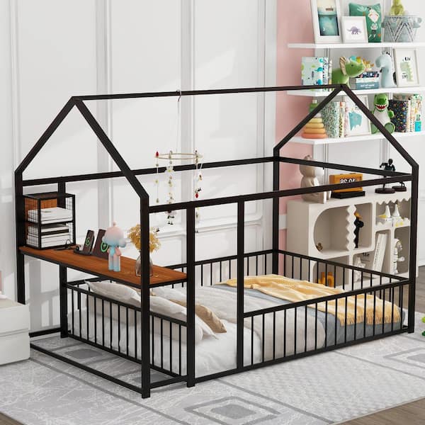 Harper & Bright Designs Black Full Size Metal Frame House Bed with Guardrail, Desk, Power Outlets, USB Ports and Shelves