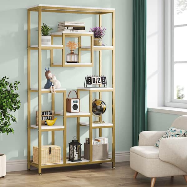 71. White and Gold 11 Shelf Geometric Etagere Bookcase, Enny 35 in. Wide. Tall Bookshelf with Metal Frame