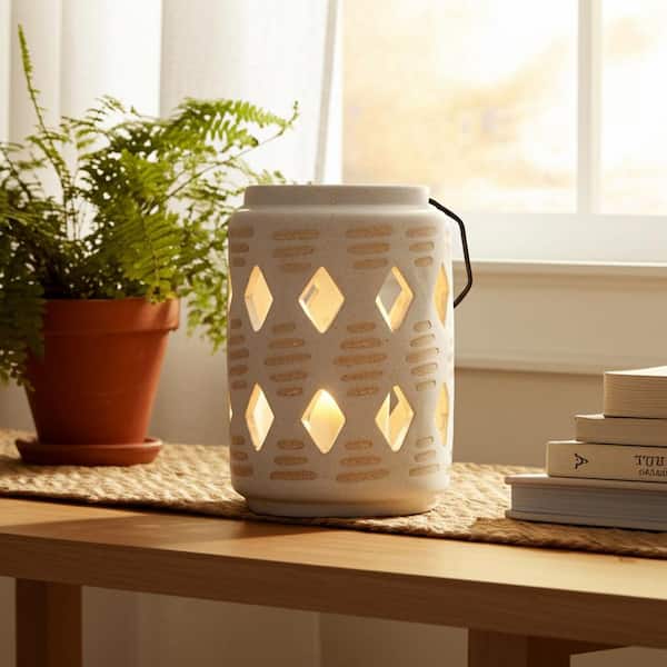 6 in. Ivory Ceramic Cylinder Lantern with Cut-Out Diamond Design
