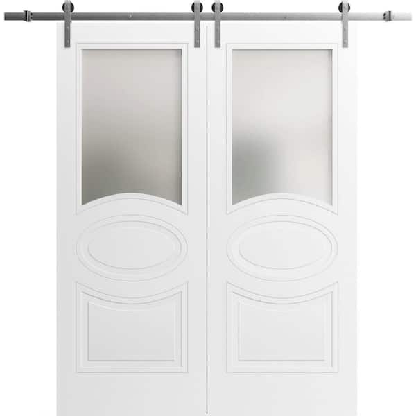 VDOMDOORS 24 in. x 96 in. 2 Panel Frosted Glass Painted White Solid MDF Sliding Barn Door with Hardware Kit