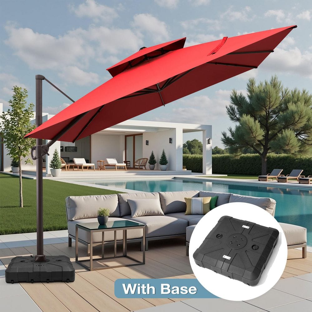 CLOUDFLY 11 x 11 ft. Cantilever Patio Umbrella and 260 lbs. 8-Wheel HDPE Base Double Top Square Outdoor Umbrella for Pool in Red
