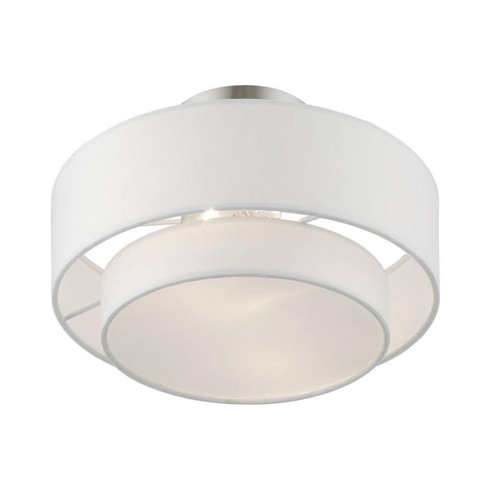 Sleek Brushed Nickel 2-Light Semi-Flush Mount with Off-White Drum Shade