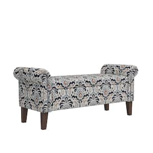 Wallen Gray and Black Damask Fabric Traditional Rolled Arm Rectangular Storage Bench 56.5 in. Ottoman with Nailheads