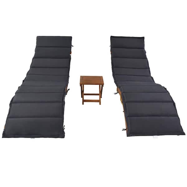Zeus & Ruta Brown 3-Piece Wood Outdoor Portable Extended Chaise Lounge Set with Gray Cushions (2-Chairs and 1-Table)