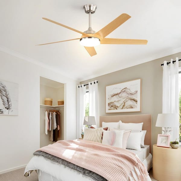 52 In. Indoor Brushed Nickel 5 Durable ABS Blades Integrated LED Ceiling Fan with Remote Control and Reversible DC Motor