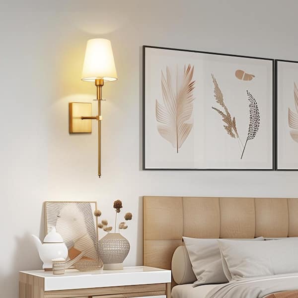 5 in. 1-Light Gold Rechargeable Wireless Wall Sconces with Fabric Shades and Dimmable Remote for Bedrooms (2-Pack)