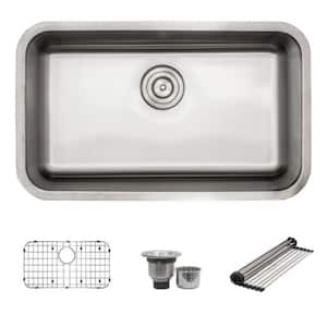 18-Gauge Stainless Steel 29.75 in. Single Bowl Undermount Kitchen Sink with Bottom Grid, Drain and Rolling Rack
