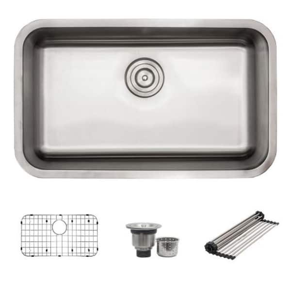 S STRICTLY KITCHEN + BATH 18-Gauge Stainless Steel 29.75 in. Single Bowl Undermount Kitchen Sink with Bottom Grid, Drain and Rolling Rack