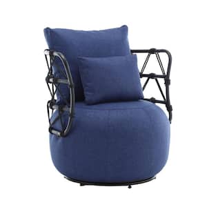 Modern Navy Blue Linen Upholstered Swivel Barrel Accent Arm Chair with Unique Design Metal Bracket
