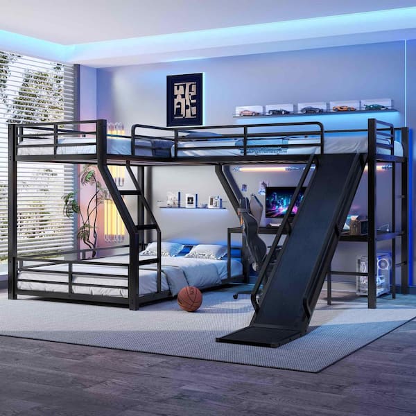 Black Twin Over Full Bunk Bed with Twin Size Loft Bed, Slide and USB Ports