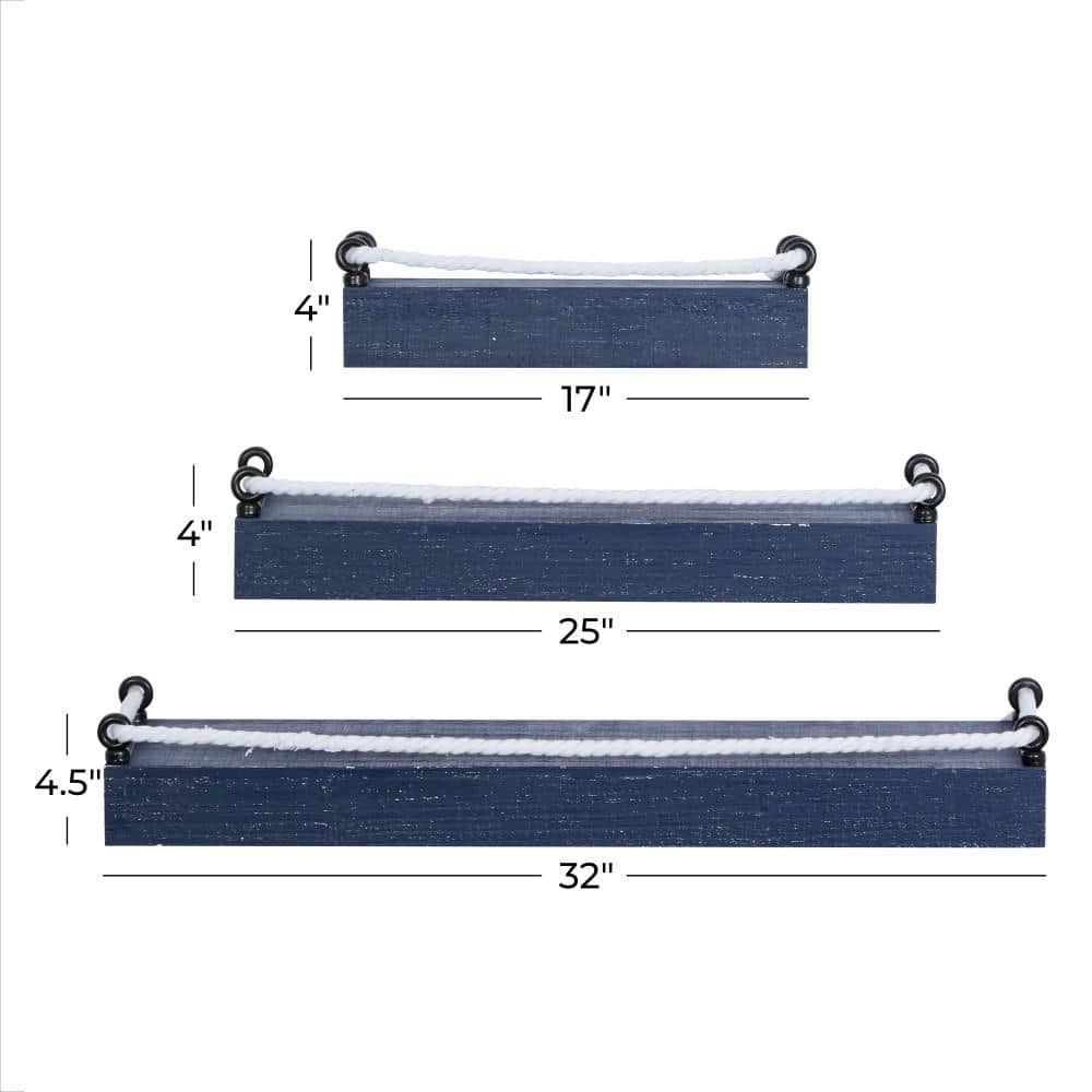 Blue and White Nautical Wood Floating Wall Shelves, Set of 3