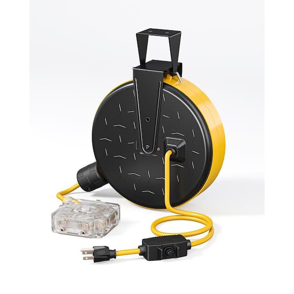 30 ft. 16 / 3 SJTW 10 Amp Retractable Extension Cord Reel with 6 Electrical Outlets for Workshop, Yellow
