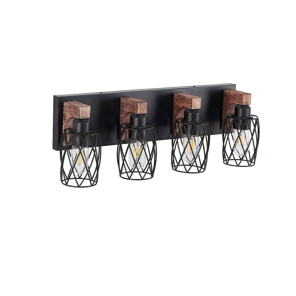 24 in. 4-Light Walnut Black Cage Wall Lighting Vanity Light Fixture for Bathroom, Hallway, Living Room (No Bulbs) price history on PriceWatchPro