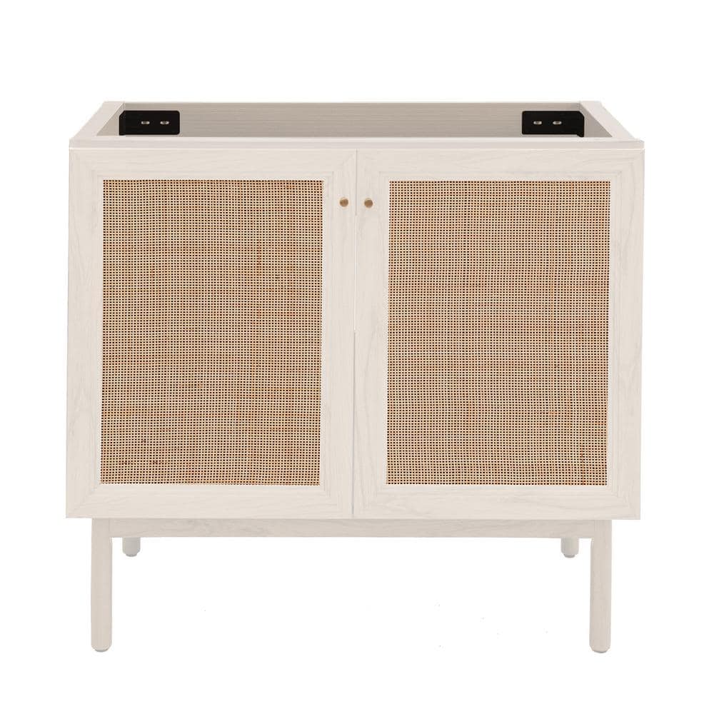 White Oak and Rattan Freestanding Bathroom Vanity Cabinet