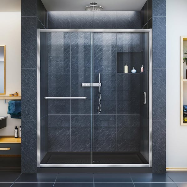 DreamLine Infinity-Z 32 in. x 54 in. Semi-Frameless Sliding Shower Door in Chrome with Center Drain Black Base