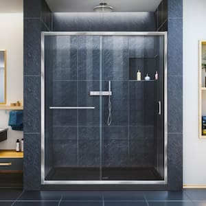 Infinity-Z 34 in. x 60 -Frameless Sliding Shower Door in Chrome with Center Drain Shower Base in Black