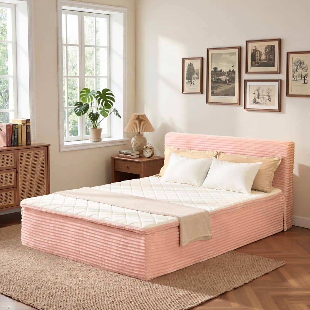 Zuke Pink Plush Corduroy Memory Foam Frame Queen Size Upholstered Platform Bed in a Box with No Assembly Required