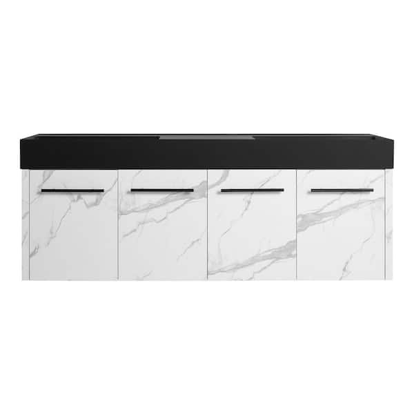 60 in. Wall-Mounted Double CarraraWhite+White Bath Vanity with Black Resin Top Unassembled
