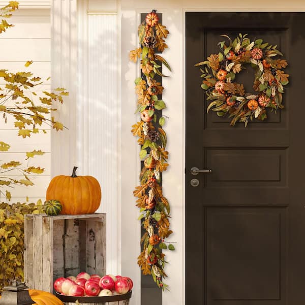 ガーランド他 Glitzhome 6 ft. Fall Unlit Pumpkin Leaf Floral Garland