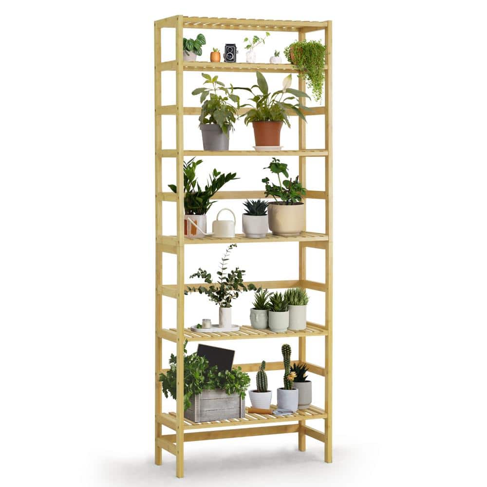 63.7 in Tall Natural Bamboo Adjustable 6-Shelf Bookcase