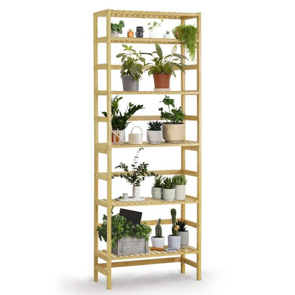 CAPHAUS 63.7 in. Tall Natural Bamboo 6-Shelf Free Standing Bookcase with Open Storage