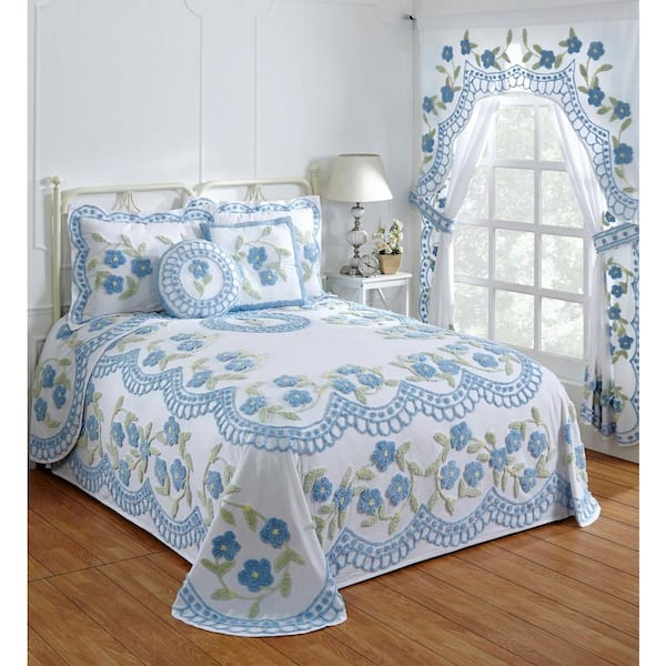 Better Trends Bloomfield Collection in Floral Design Blue Queen 100% Cotton Tufted Chenille Bedspread