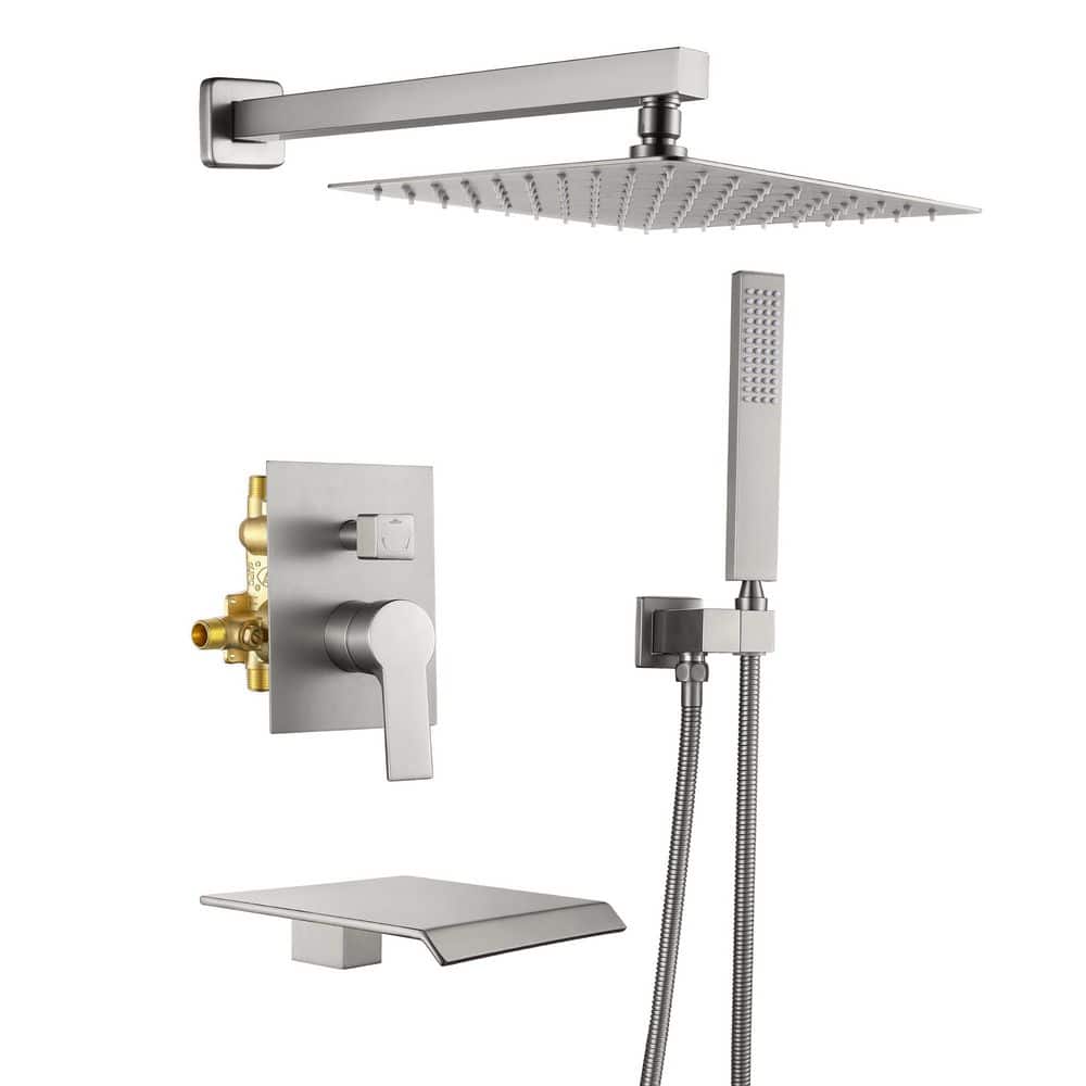 Boyel Living 1-Spray with 8 in. Waterfall Tub Spout Spray 10 in. Wall Mount Fixed and Handheld Shower Head 2.5 GPM in Brushed Nickel