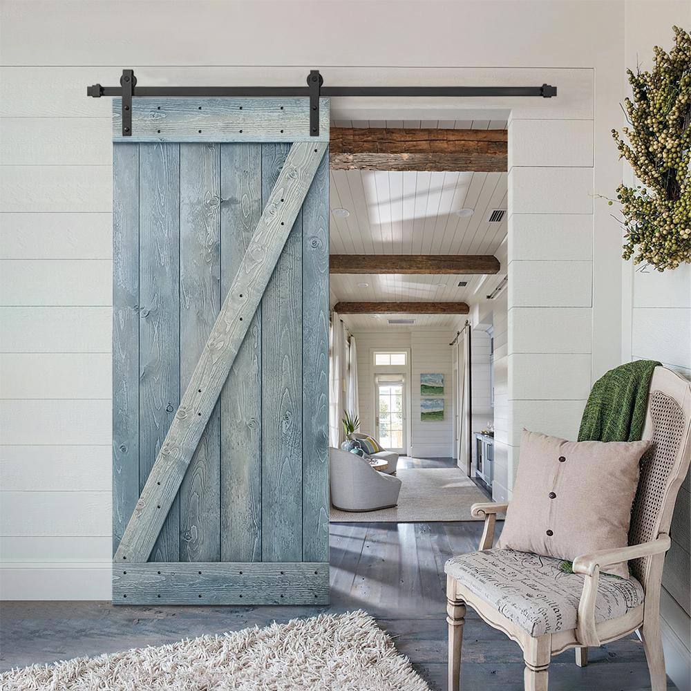 Denim Blue Solid Wood Barn Door Kit with Matte Black Hardware