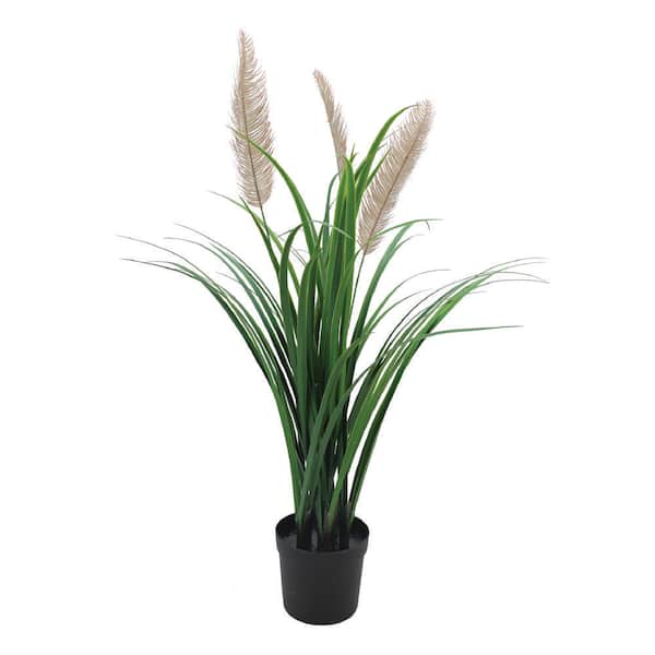 Naturae Decor 36 in. Outdoor Green PE Leaf Grass Plant with 3-Stems and Feather