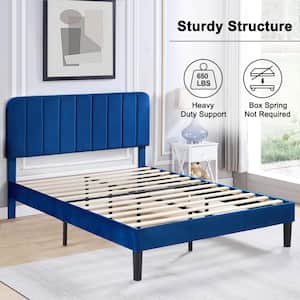 Upholstered Full Bed Frame, Platform Bed Frame with Adjustable Headboard, Strong Wooden Slats Support, Blue