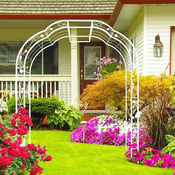 98.4 in. Metal Outdoor Arch Cream White Garden Arbor Trellis ZN