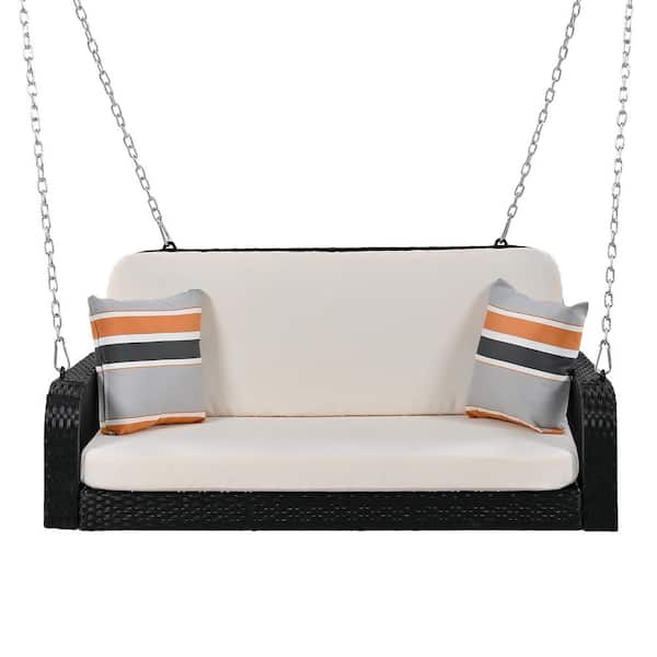 Unbranded 2-Seat Black PE Wicker Porch Swing, Hanging Bench with Chains and Beige Cushion for Backyard, Garden Poolside