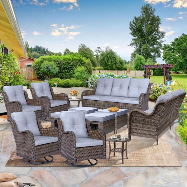 Brown 12-Piece Wicker Patio Conversation Seating Sofa Set Outdoor Rattan Swivel Chairs with Gray Cushions and Ottomans