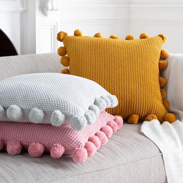 Artistic Weavers Liviah Mustard Knitted With Pom Poms Polyester Fill 20 In X 20 In Decorative Pillow S00161030729 The Home Depot