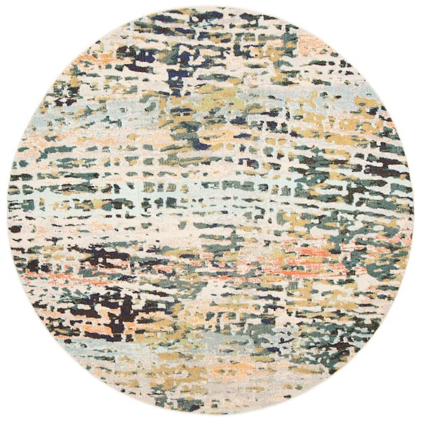 SAFAVIEH Madison Beige/Navy 5 ft. x 5 ft. Geometric Abstract Round Area Rug